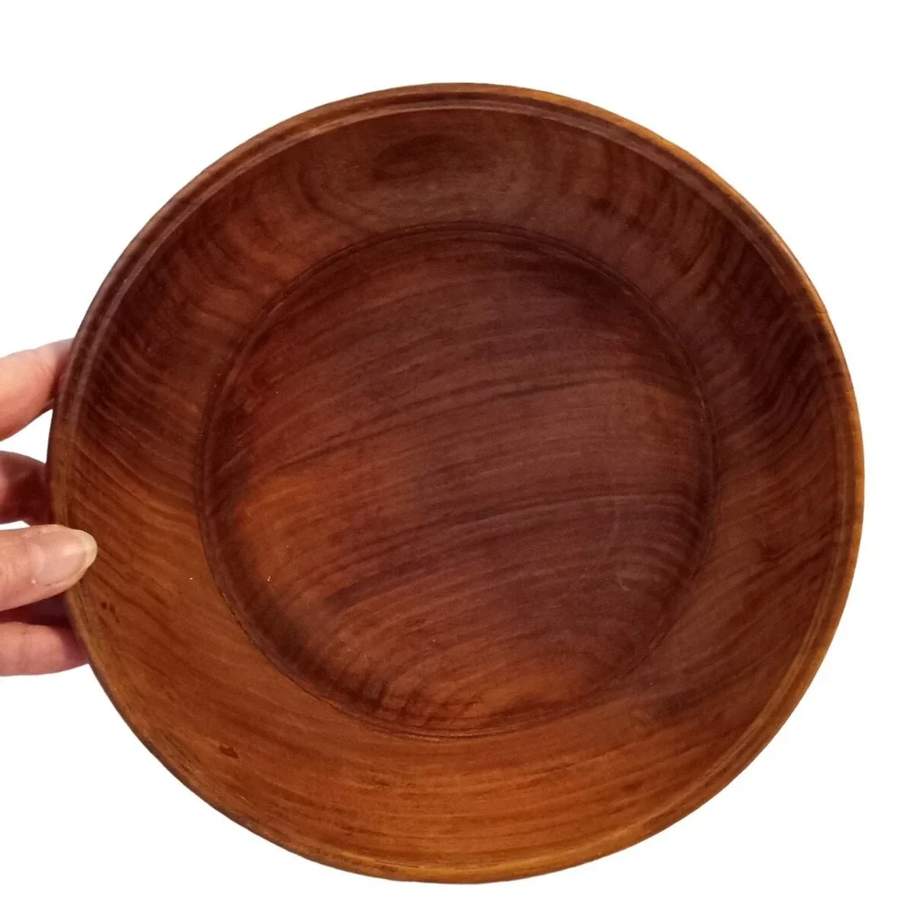 Wood Hand Carved Decorative Flowers Round Bowl Boho Made in India Vtg 8.25
